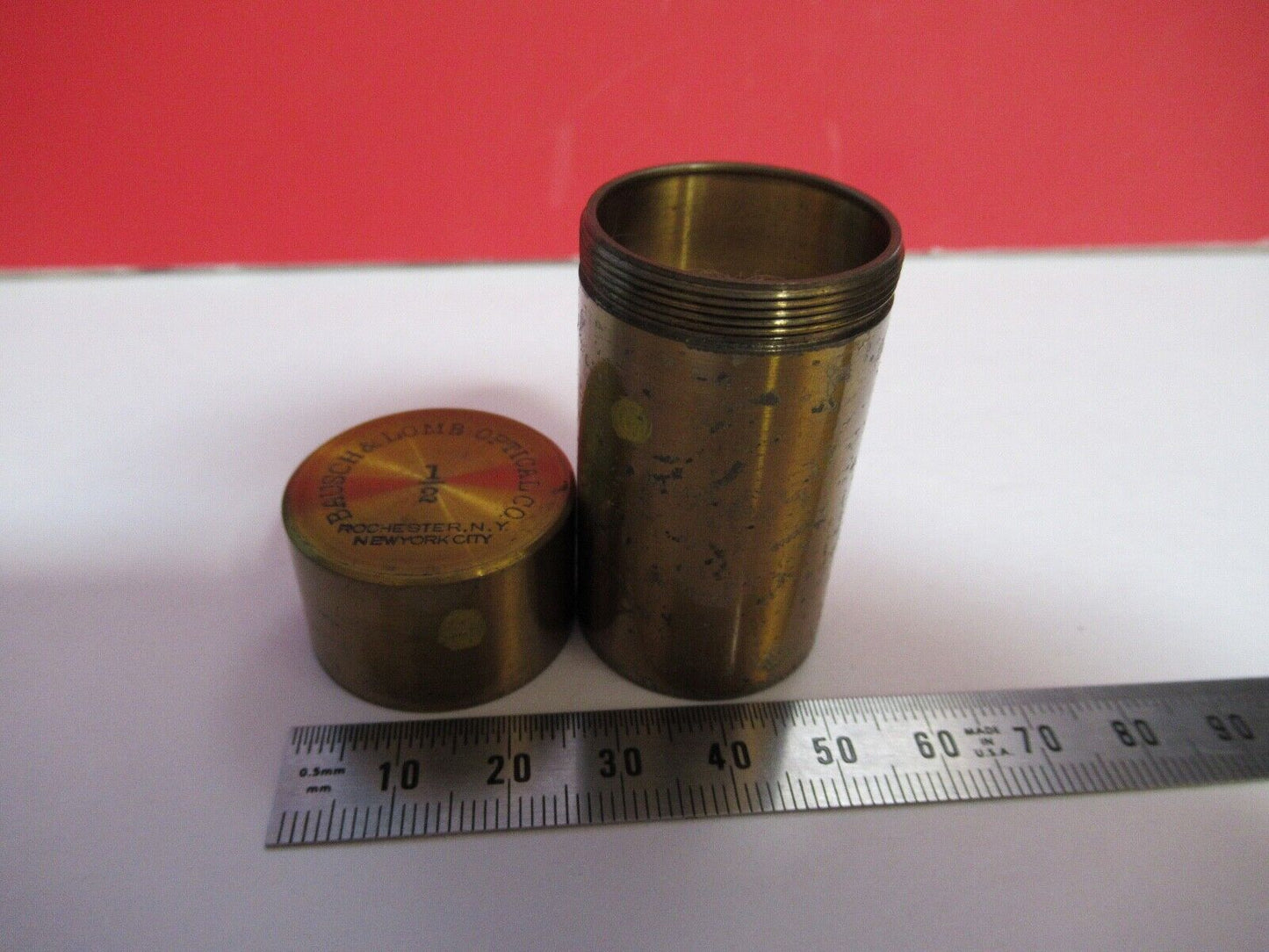 ANTIQUE BRASS EMPTY BAUSCH LOMB OBJECTIVE CANISTER 1/2 MICROSCOPE PART Q2-47