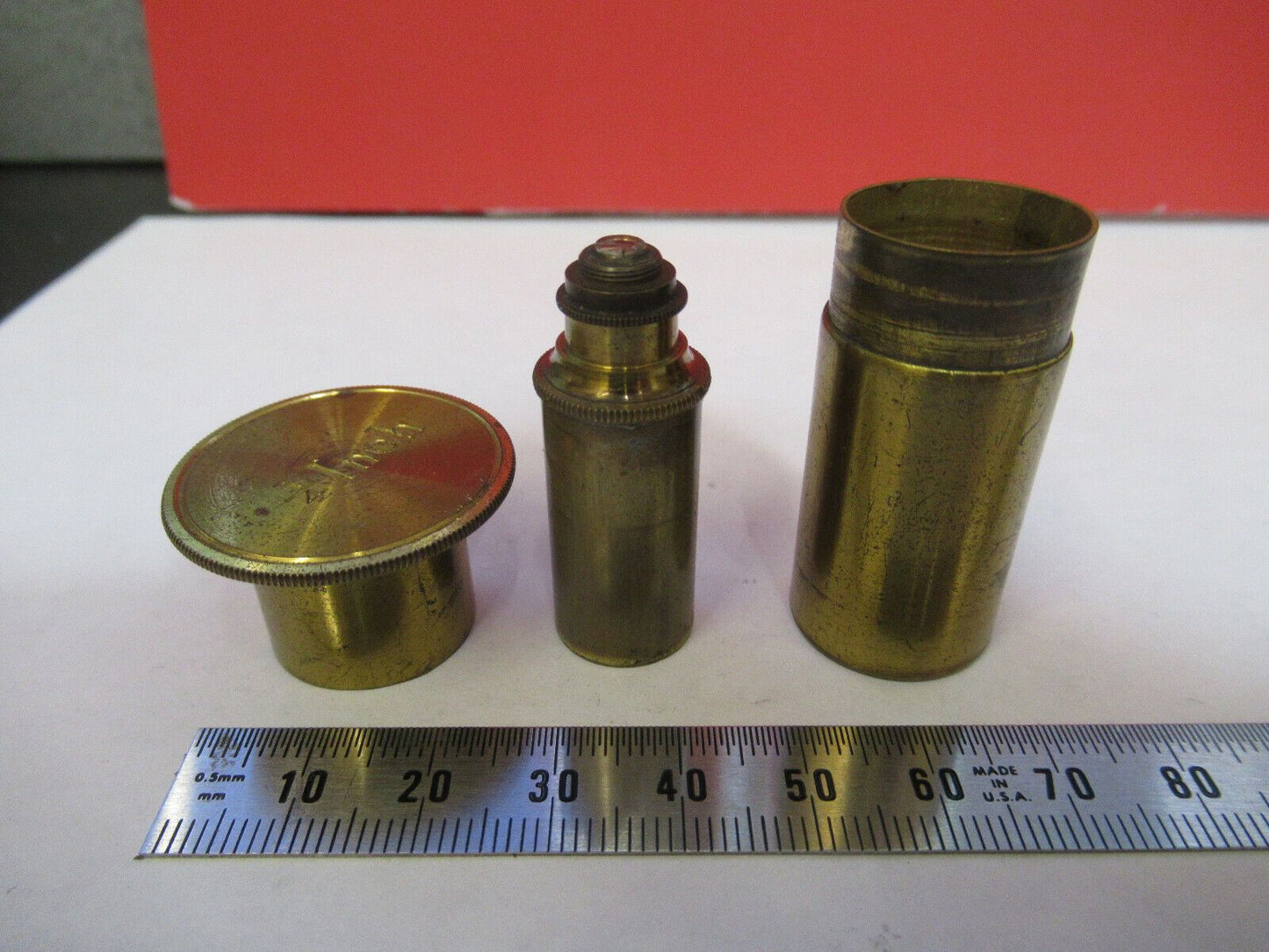 RARE ANTIQUE BRASS LONDON OBJECTIVE OPTICS MICROSCOPE PART AS PICTURED &87-FT-30