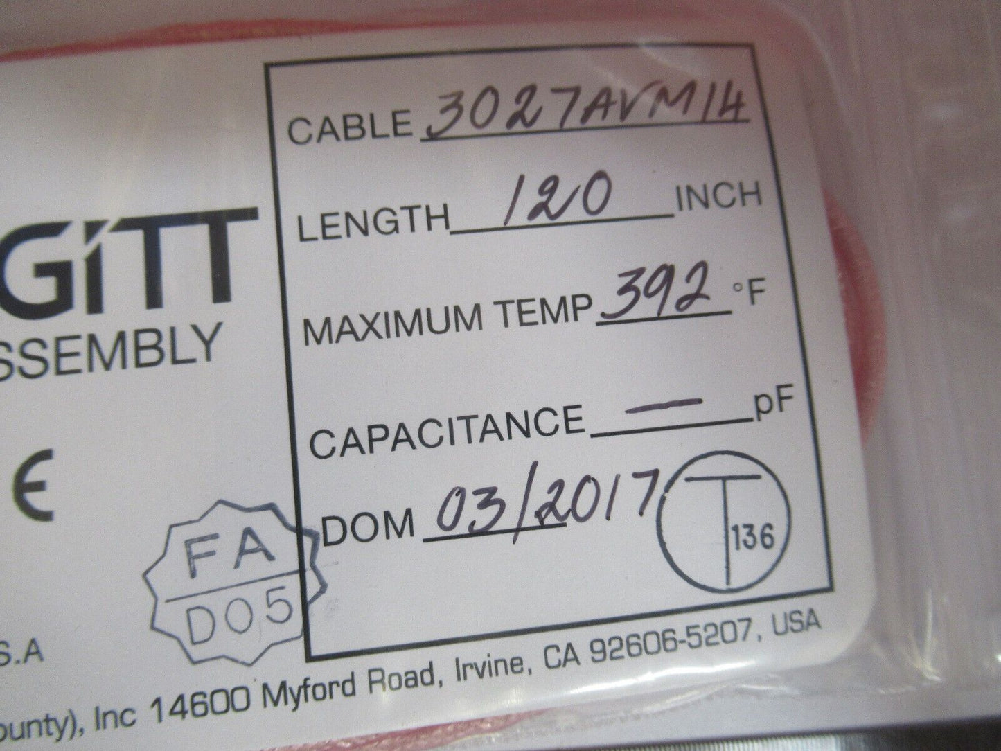 ENDEVCO 3027AV CABLE for TRIAXIAL OR MEMS ACCELEROMETER VIBRATION SENSOR S5-A-30