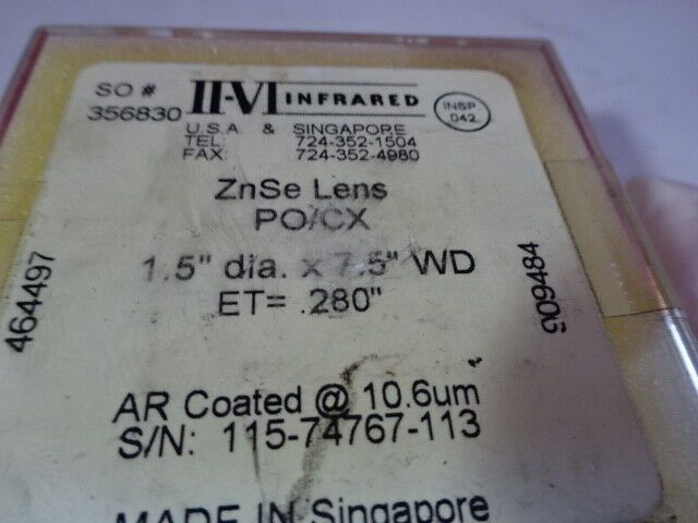 OPTICAL II-VI ZnSe CRYSTAL LENS PO/CX ZINC SELENIDE CO2 INFRARED OPTICS #6V-A-11