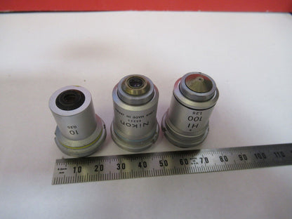 LOT NIKON JAPAN OBJECTIVES 10 40 100X OPTICS MICROSCOPE PART AS PICTURED S6-A-32