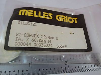 OPTICAL MELLES GRIOT BI CONVEX LENS 22.4mm DIA 60FL LASER OPTICS AS IS B#Q3-A-10