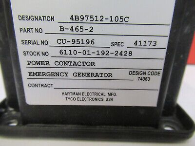 AIRCRAFT UH-60 ELECTRICAL POWER CONTACTOR HARTMAN B-465-2 NSN 6110-01-192-2428