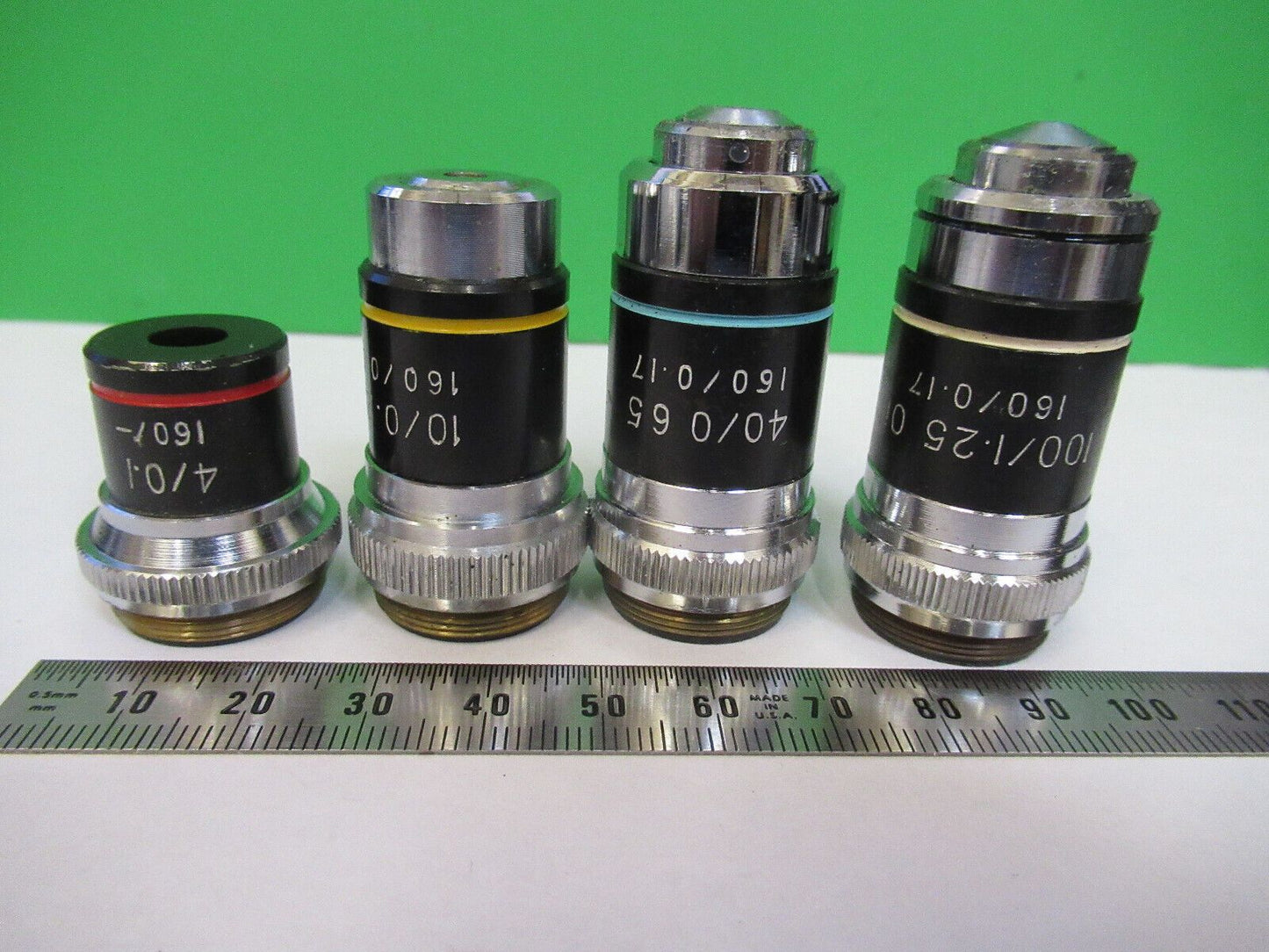 LOT 4 EA GENERIC OBJECTIVE OPTICS MICROSCOPE PART AS PICTURED &R3-B-14