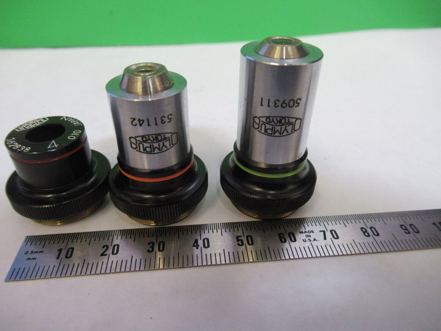 OLYMPUS OBJECTIVE JAPAN 40X 10X 4X  LOT 3 ea  OPTICS MICROSCOPE PART G7-A-73