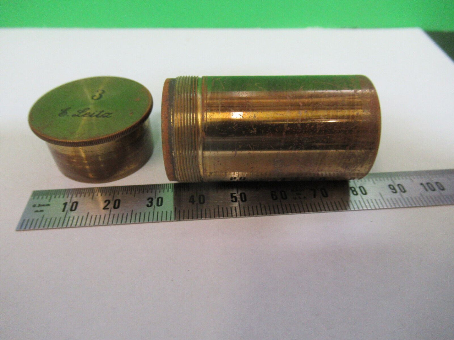 ANTIQUE BRASS LEITZ "3" CANISTER OBJECTIVE MICROSCOPE PART AS PICTURED P2-B-75