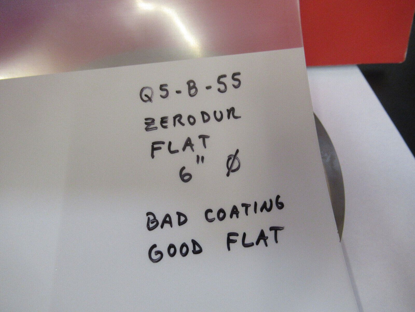 OPTICAL ZERODUR FLAT 6" DIAMETER bad coating GOOD FLATNESS AS PICTURED Q5-B-55