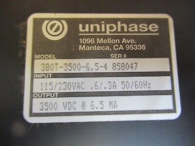 UNIPHASE LASER HV POWER SUPPLY HELIUM NEON 3500V 6.5mA AS PICTURED &H8-FT-01