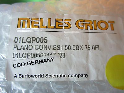 OPTICAL MELLES GRIOT LENS PL CONVEX 50mm DIAMETER 75mm FL LASER OPTICS BIN#31-03