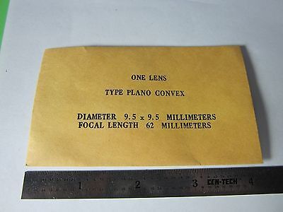 OPTICAL PLANO CONVEX  LENS 9.5x9.5 mm DIAMETER FL 62 mm LASER OPTICS BIN#34