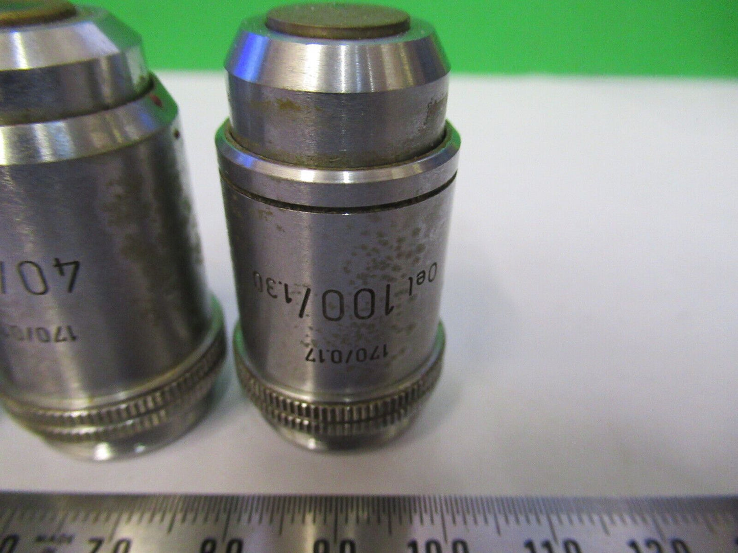 LOT 4 EA MICROSCOPE OBJECTIVE LENSES LEITZ 3.5X 10X 40X 100X OPTICS #P8-B-29