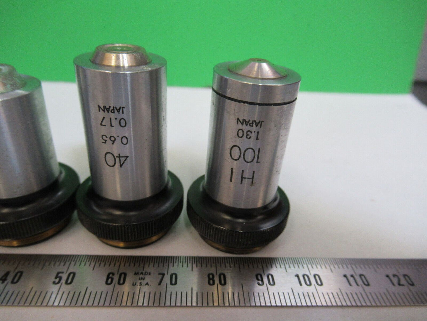 OLYMPUS JAPAN LOT OBJECTIVES 4 10 40 100X MICROSCOPE PART AS PICTURED R1-A-19