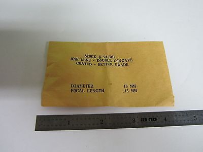 OPTICAL LENS DOUBLE CONCAVE 15 mm DIA FL -13 mm LASER OPTICS NICE BIN#7B