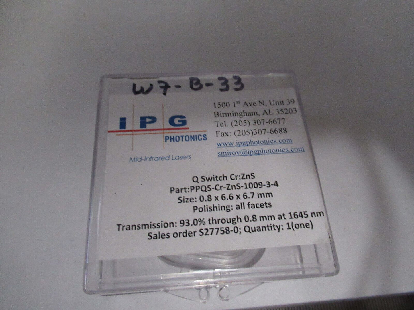 IPG PHOTONICS Q-SWITCH 1009-3-4 Cr:ZnS LASER OPTICS AS PICTURED W7-B-33