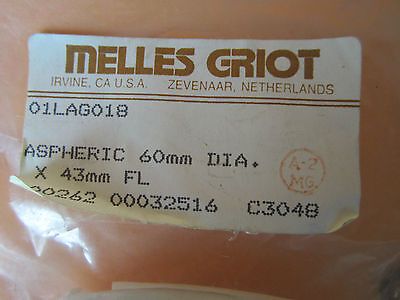 OPTICAL MELLES GRIOT LENS ASPHERIC 60 mm DIAMETER FL 43 mm LASER OPTICS BN#D3-17