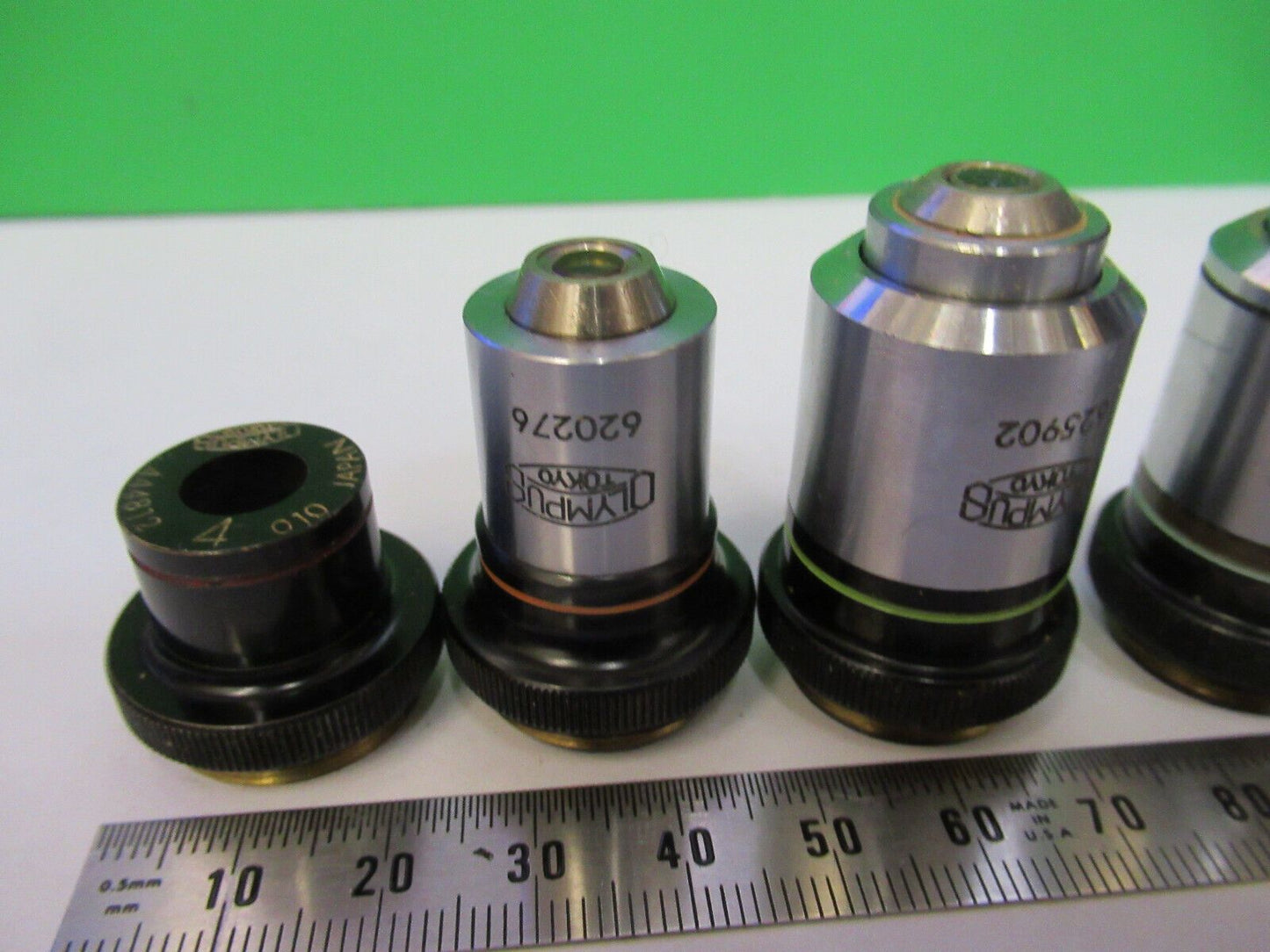 LOT 4 EA MICROSCOPE OBJECTIVE LENSES OLYMPUS 4X 10X 40X 100X OPTICS #P8-B-07