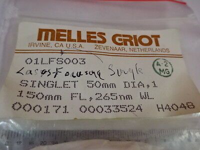 OPTICAL MELLES GRIOT SINGLET LENS 50mm DIA FL 265mm OPTICS AS IS &7C-A-26