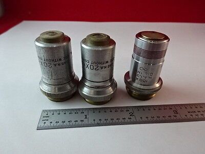 LOT 3 EA AO SPENCER OBJECTIVES 100X + BL 20X OPTICS MICROSCOPE AS IS &2-A-26