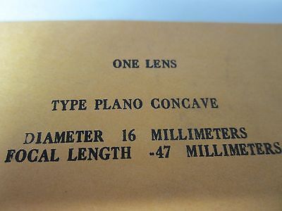 OPTICAL PLANO CONCAVE LENS 16 mm DIAMETER FL -47 mm LASER OPTICS BIN#34