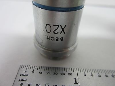 OPTICAL MICROSCOPE BECK ENGLAND OBJECTIVE 20X OPTICS BIN#L3-31