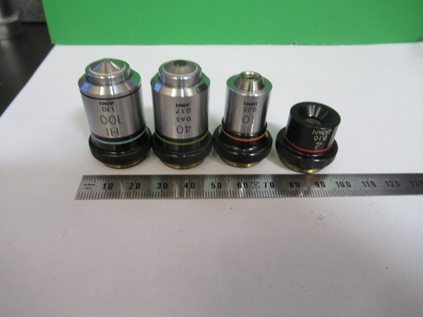 LOT 4EA OLYMPUS JAPAN OBJECTIVES 4X 10X 40X 100X MICROSCOPE PART AS PIC &72-C-08