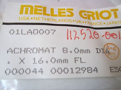 OPTICAL LENS MELLES GRIOT ACHROMAT 8 mm DIA FL 16 mm LASER OPTICS BIN#17