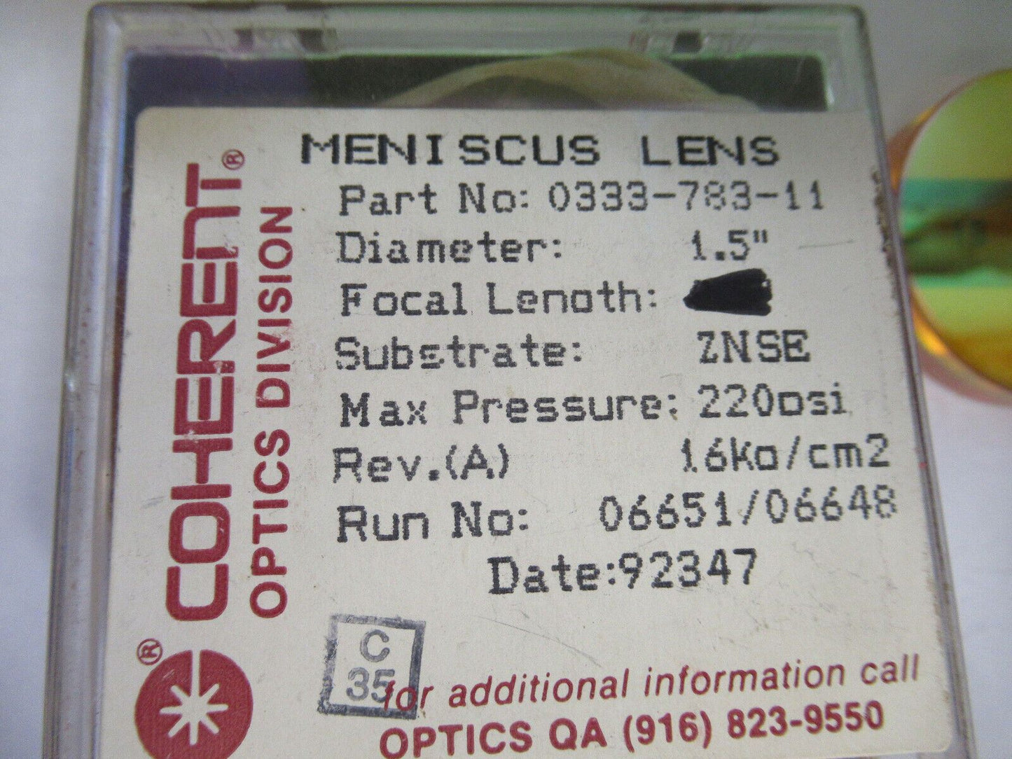 OPTICAL ZINC SELENIDE ZnSe LENS INFRARED LASER OPTICS AS PICTURED G2-A-109