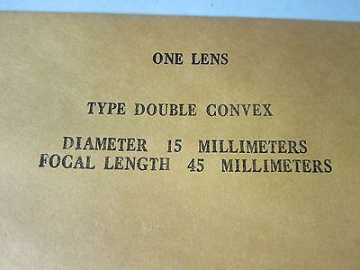 OPTICAL DOUBLE CONVEX  LENS 15 mm DIAMETER FL 45 mm LASER OPTICS BIN#34