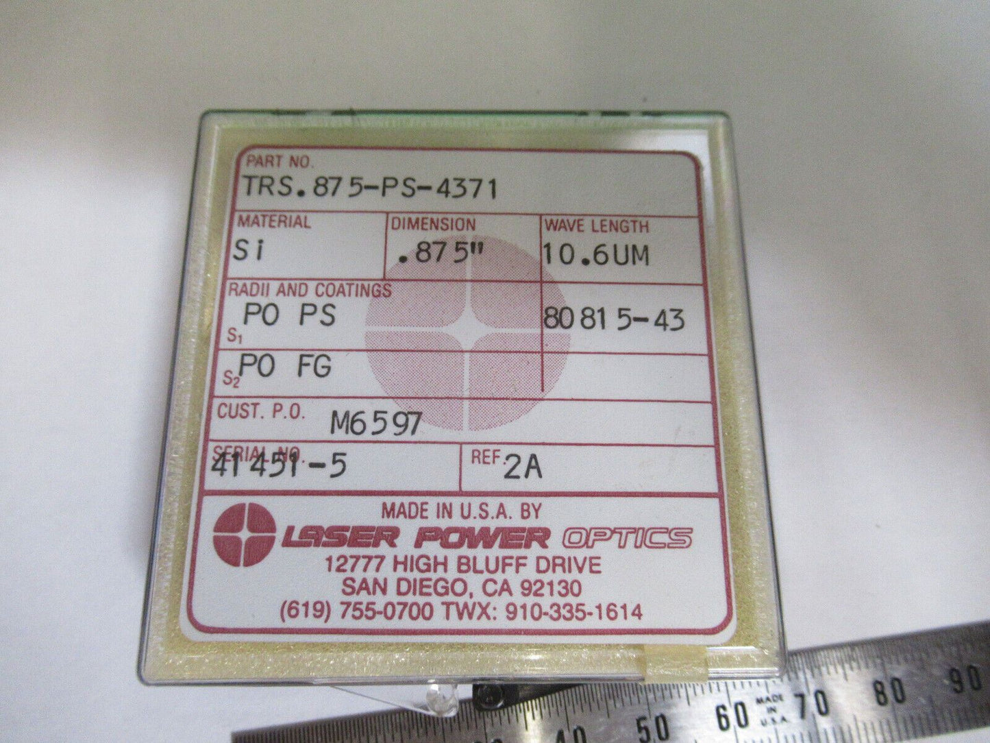 OPTICAL LASER POWER SILICON LENS INFRARED LASER OPTICS AS PICTURED H3-A-77B