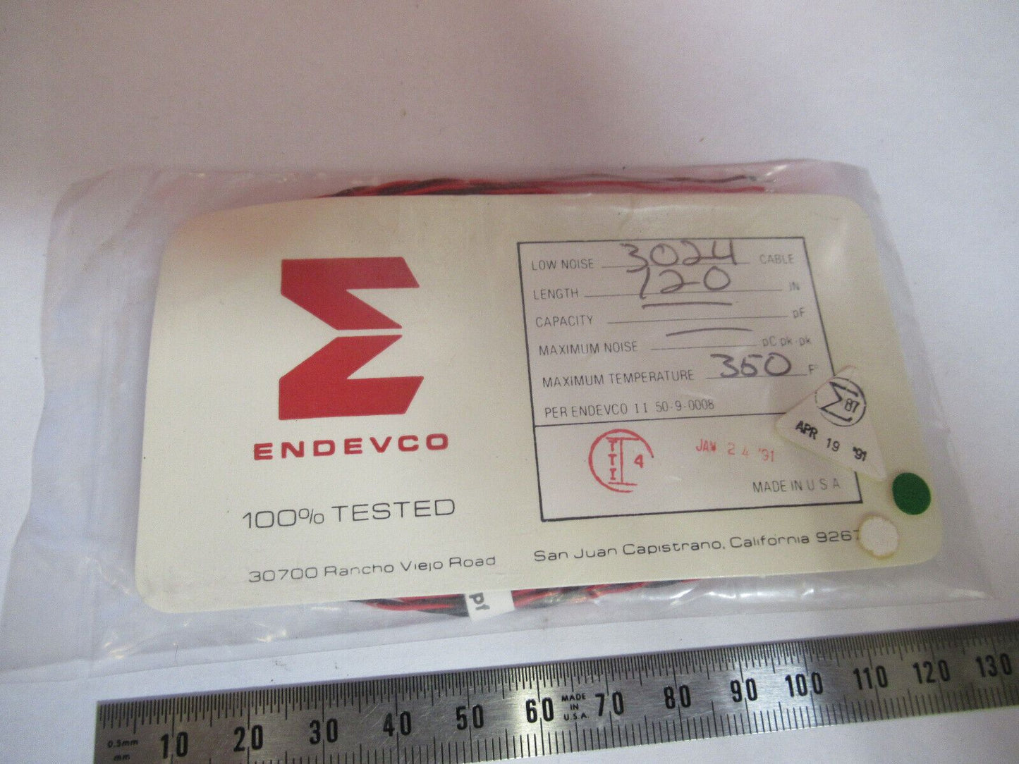 ENDEVCO 3024 CABLE 350F for PIEZOELECTRIC ACCELEROMETER VIBRATION SENSOR S5-A-32