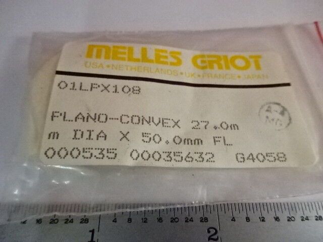 OPTICAL LENS MELLES GRIOT PLANO CONVEX 27 mm FL 50 mm OPTICS AS PICTURED &3-B-06