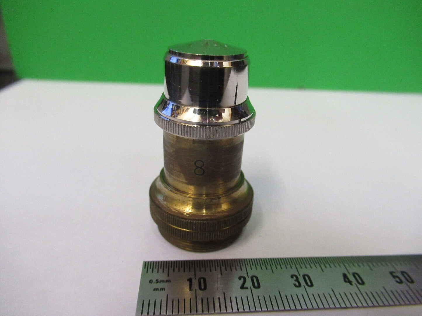 ANTIQUE BRASS UNKNOWN OBJECTIVE LENS "8" MICROSCOPE PART AS PICTURED Z4-B-54