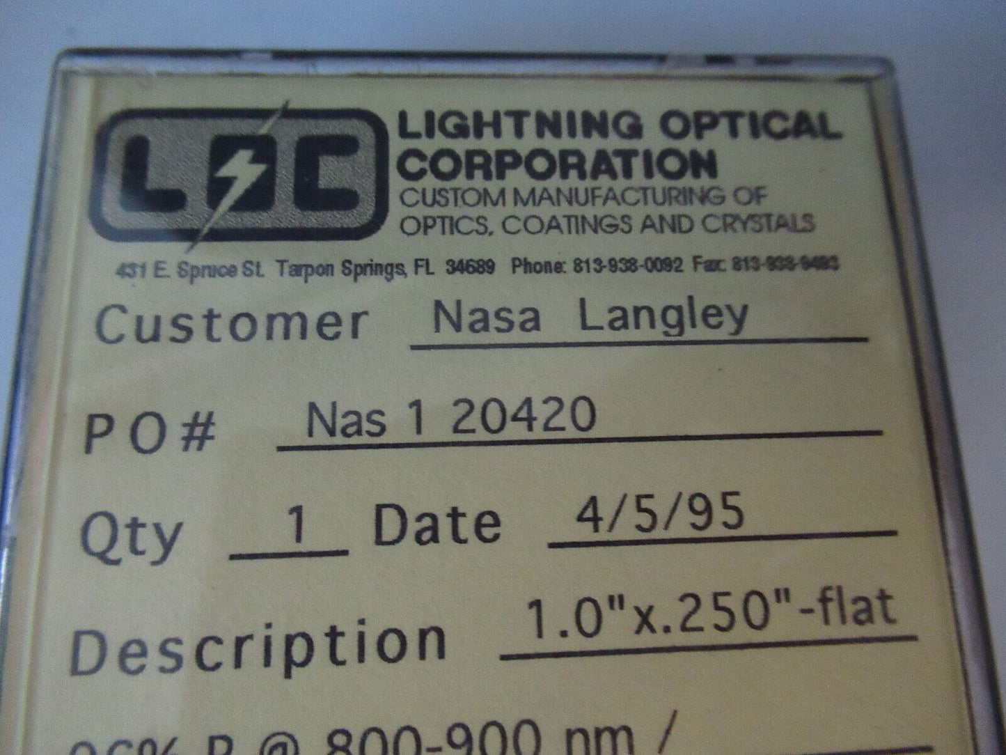 ex NASA OPTICAL ONE LENS 800-900 nm LASER OPTICS AS PICTURED &W7-B-28