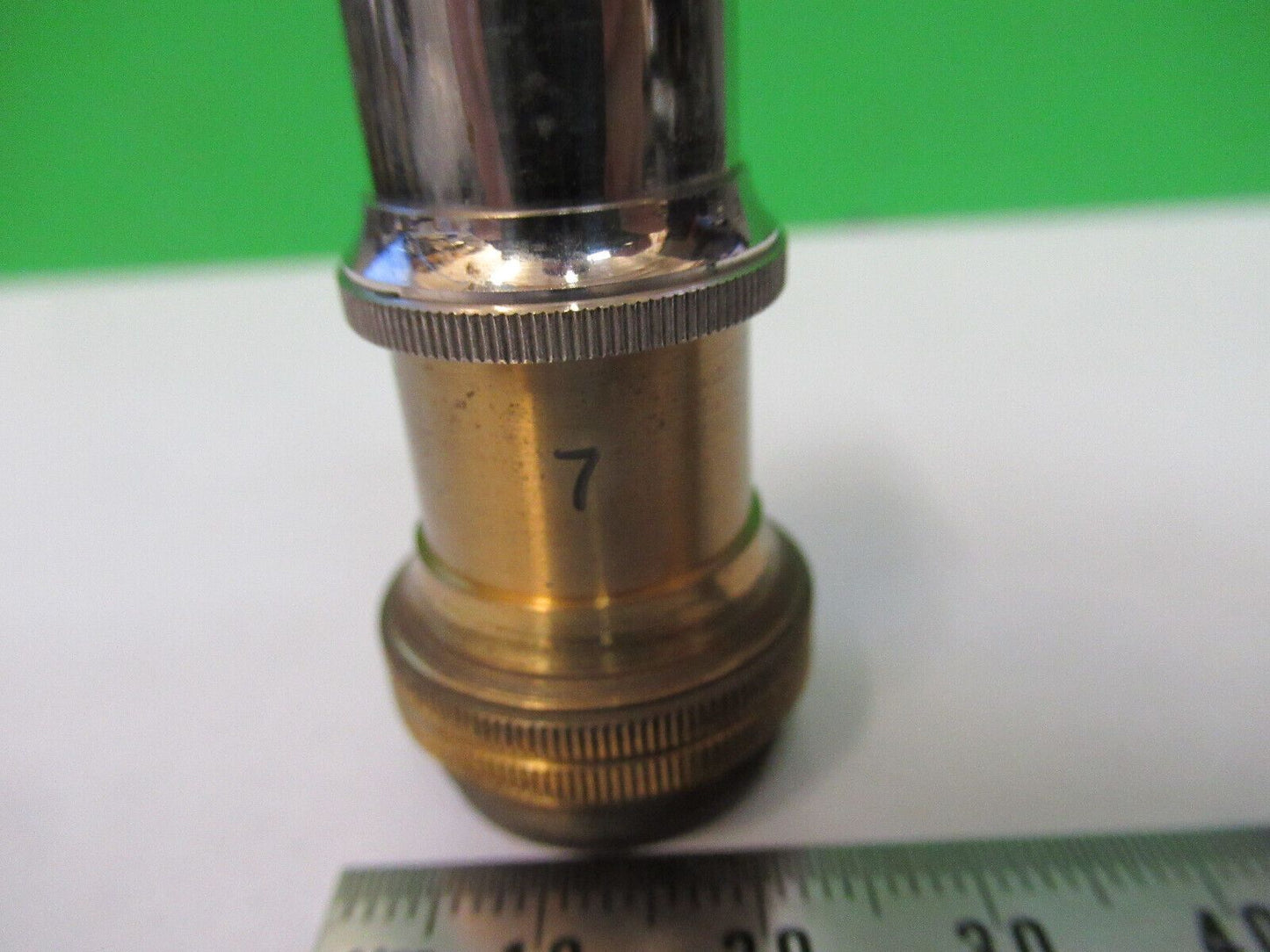 ANTIQUE BRASS UNKNOWN OBJECTIVE LENS "7" MICROSCOPE PART AS PICTURED Z4-B-56