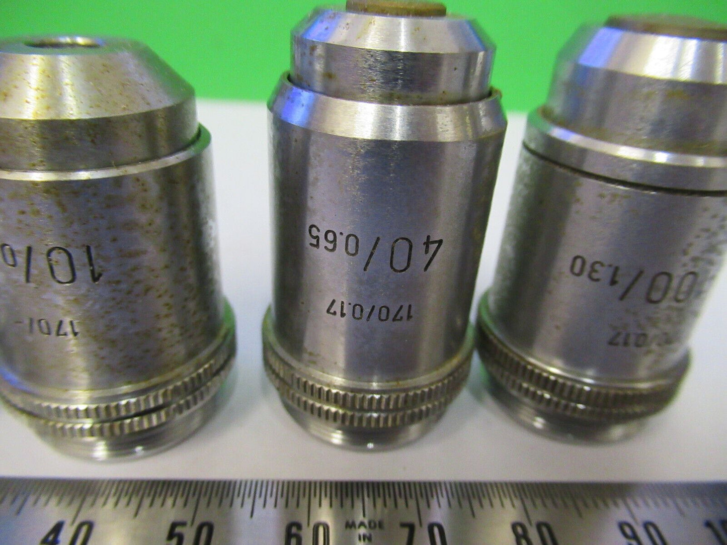 LOT 4 EA MICROSCOPE OBJECTIVE LENSES LEITZ 3.5X 10X 40X 100X OPTICS #P8-B-29